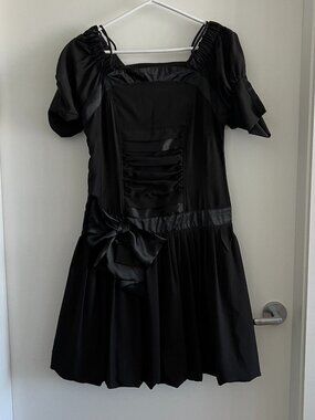More Black Bubble Hem Dress Puff Sleeve Drop Waist Bow Mini Dress Size 6